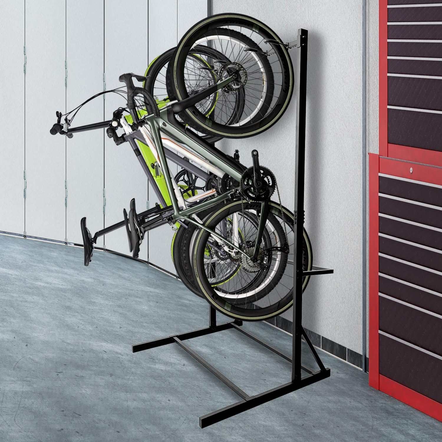 Freestanding Bike Rack Bicycle Storage Rack for Home and Garage Max 5 Bikes Solid Steel Indoor Floor Stand Organizer Sporting Gear Storage Station Sturdy Steel Vertical Bike Rack