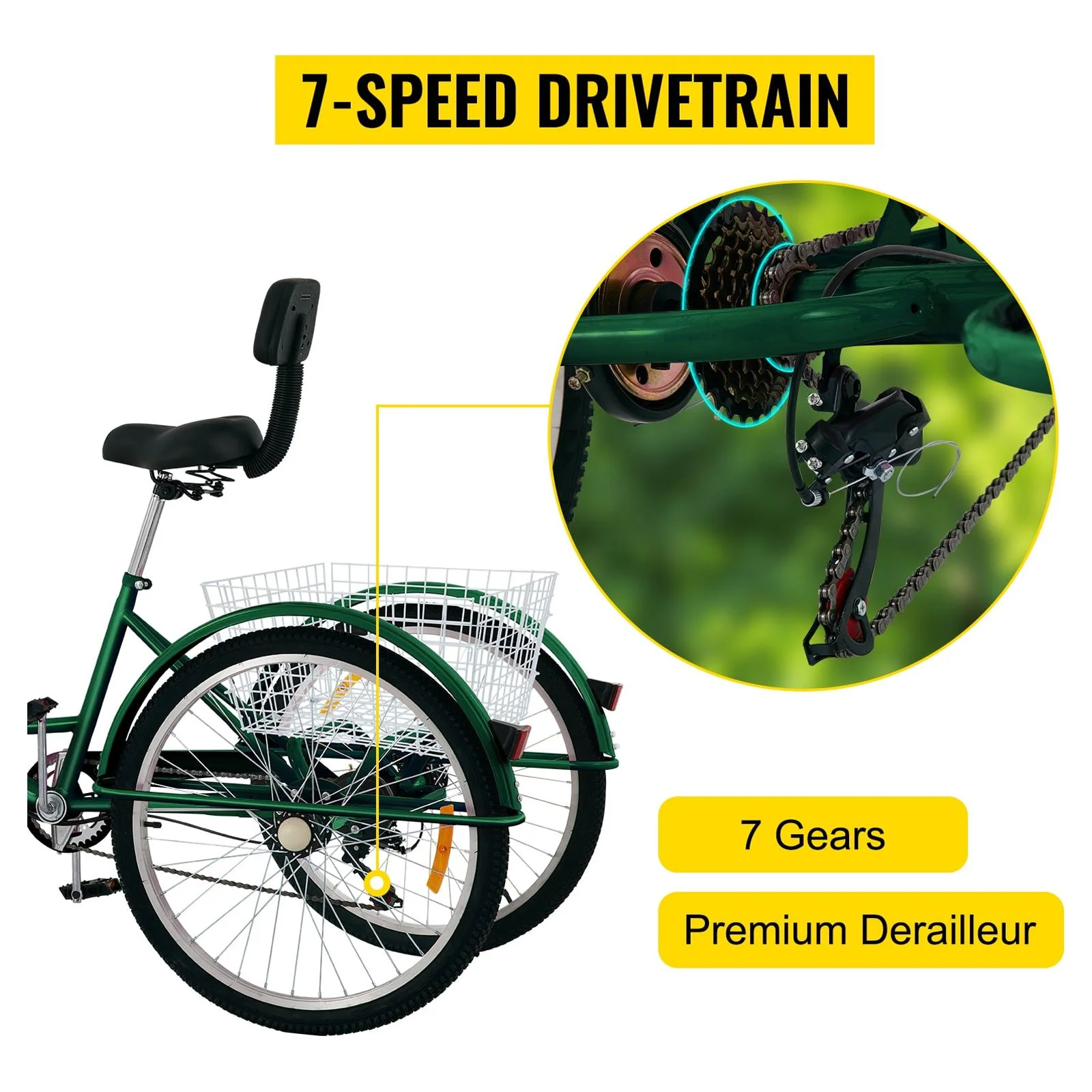 VEVOR Foldable Adult Tricycle 24" Wheels,7-Speed 3 Wheels Trike for Exercise Shopping Picnic Outdoor Activities, Green