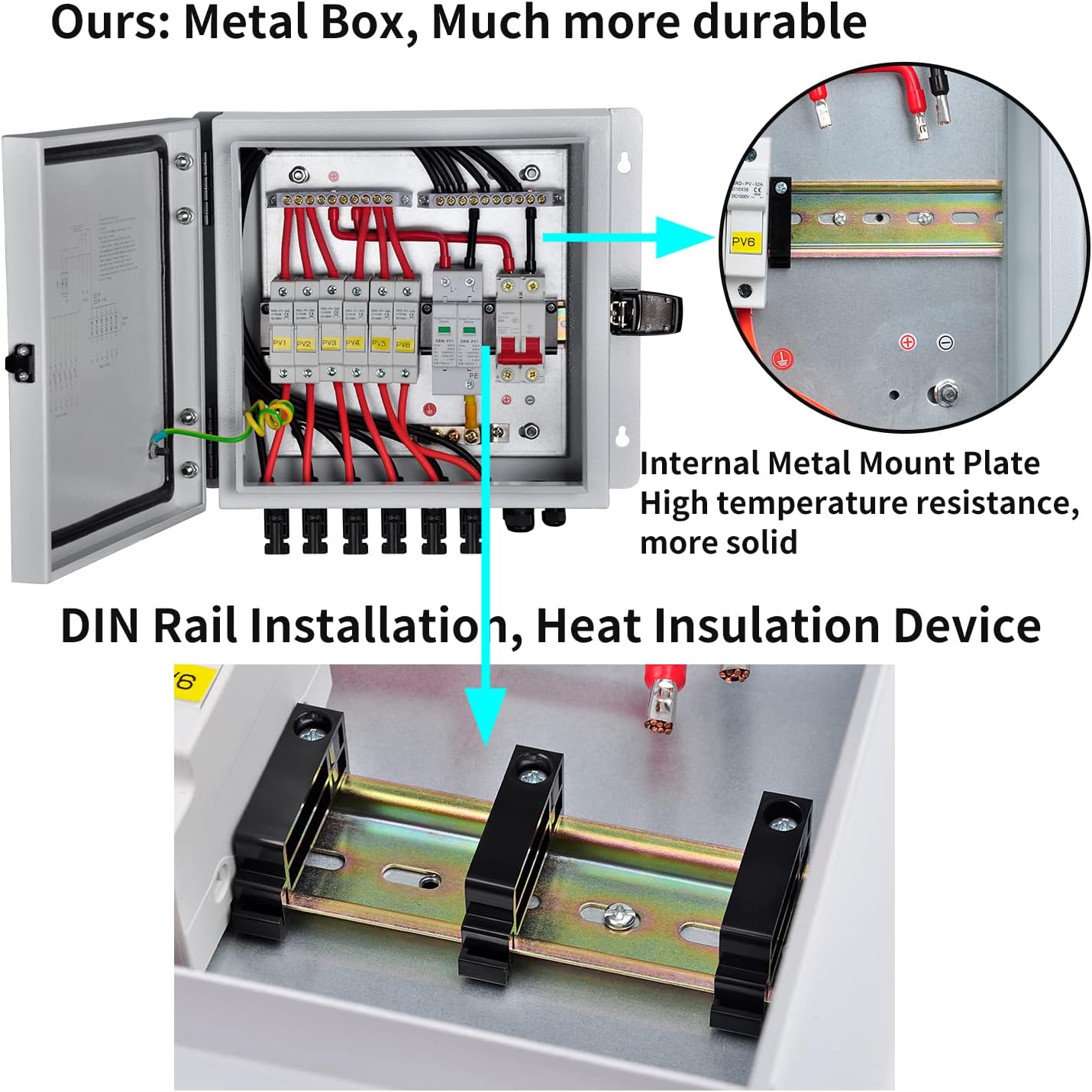 PowGrow PV Combiner Box, 6 String Solar Combiner Box with 15A Rated Current Fuse, Surge Protective Device and 63A Air Circuit Breaker for On/Off Grid Solar Panel System, Pre-Wired Cable, Metal Box