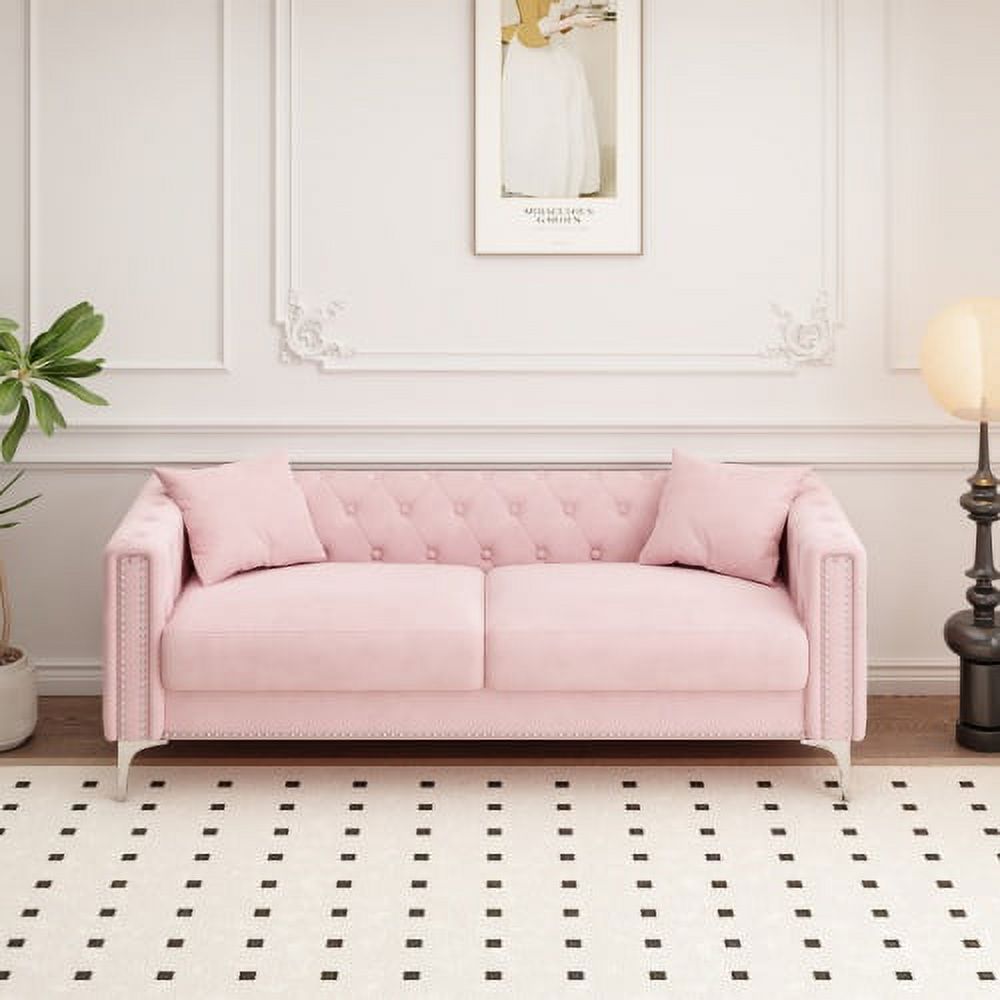 Sofa Includes 2 Pillows, 83 "Pink Velvet Triple Sofa, Suitable For Large And Small Spaces