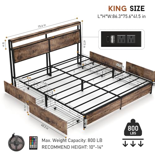 SADENICEL Queen Bed Frame with Storage Headboard and 4 Drawers, Metal Platform Bed Frame with LED Light, Charging Station, No Box Spring Needed, Noise Free, Easy Assembly, Vintage Brown
