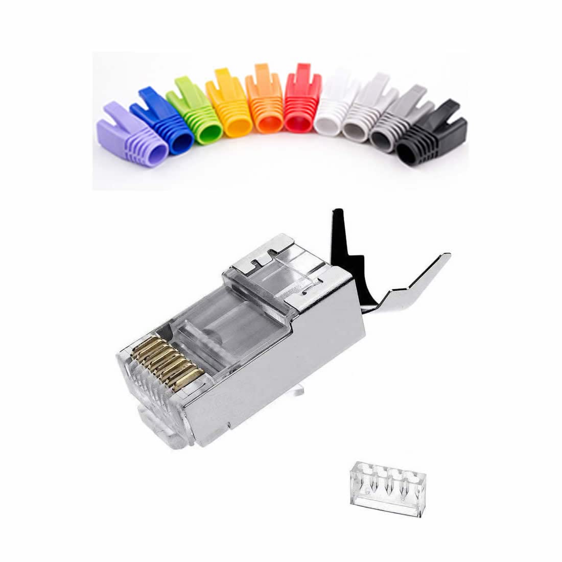100 Pcs Cat7 RJ45 Connectors, Cat7 RJ45 Plugs, Cat7 2-Piece Metal Shielded RJ45 Ends FTP 8P8C Modular Network Plug Connector