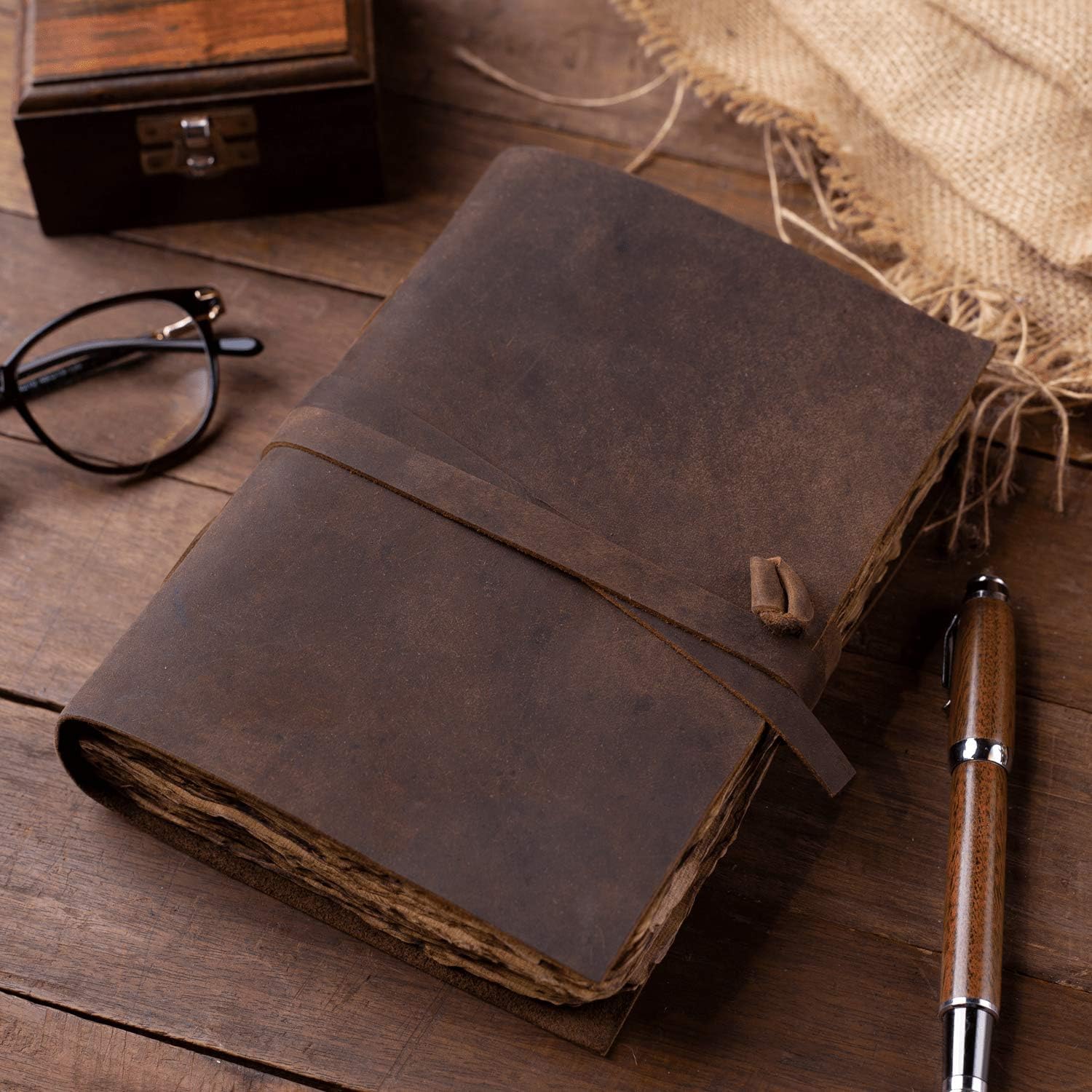 Vintage Leather Journal - Burnt Deckle Edge Vintage Paper - Handmade Leather Bound Journal - Book of Shadows Journal - Leather Sketchbook - Drawing Journal - 240 Pages (11.5" x 8.25") Pack of 2