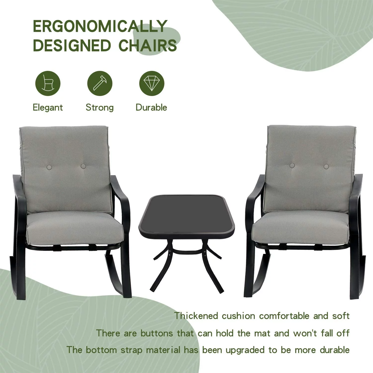 SOLAURA 3-Piece Outdoor Rocking Chairs Set, Black Iron Patio Furniture with Gray Thickened Cushion & Glass Coffee Table