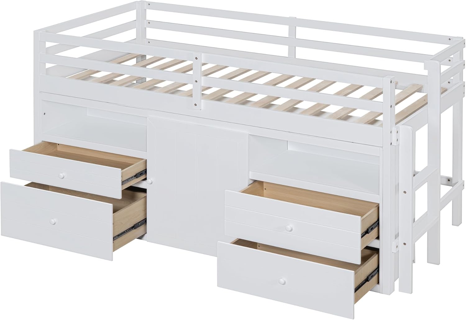 Twin Size Kids Loft Bed with Storage Underneath, Wooden Low Loftbed Frame with 4 Drawers, Cabinet, Shelves and Ladder, Space Saving Bedframe for Boys Girls Teens, White