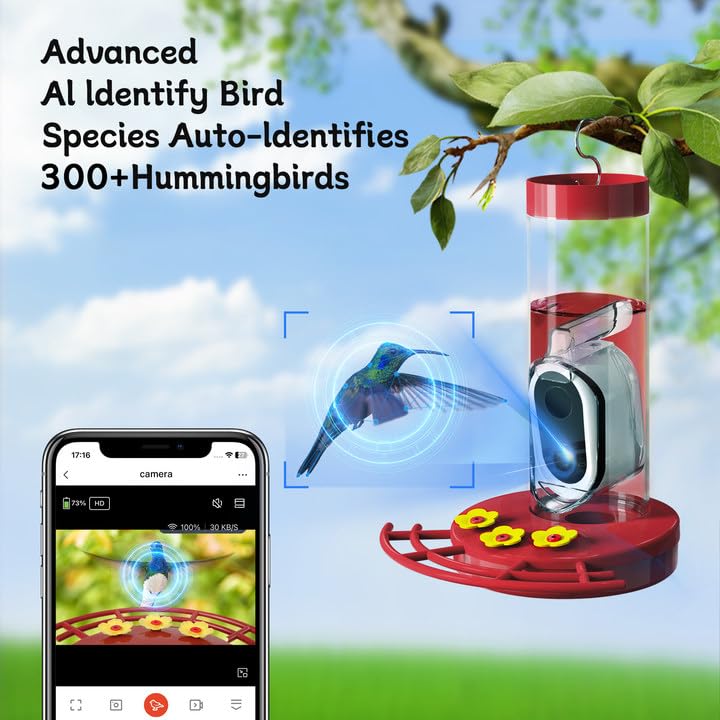 TT NATURE Smart Hummingbird Feeder with Camera Solar-Powered, AI Identify&Cloud Storage,Wireless App, Bee and Ant Defense,HD Video for Watching Birds Outdoors(20 Ounces)