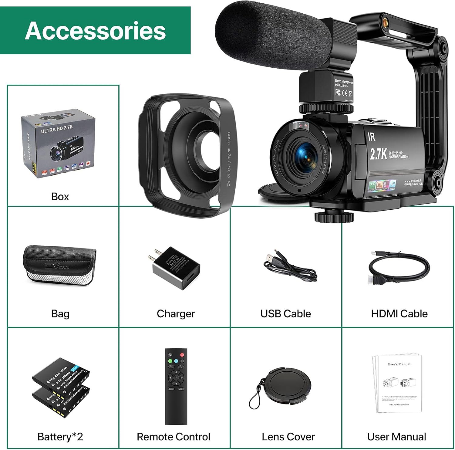 Video Camera Camcorder 2.7K Ultra HD 36MP YouTube Vlogging Camera IR Night Vision 3.0 Inch IPS Touch Screen 16X Digital Zoom Video Recorder with Remote Control