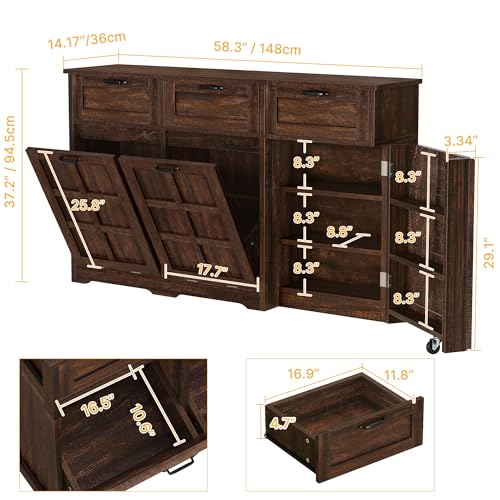 DWVO Double Trash Can Kitchen, Tilt Out Trash Can Cabinet with Drawers, Kitchen Island with Trash Can Storage, Hidden Trash Can Cabinet 20 Gallon, Laundry Hamper Cabinet, Brown Oak