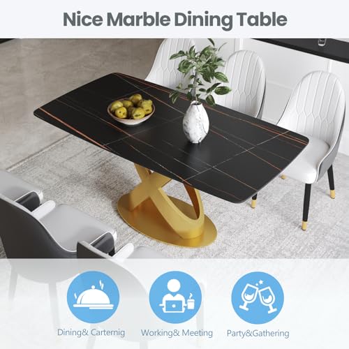 Modern Rectangle Marble Dining Table for 4,63" Black Marble Sintered Stone Top DiningTable,Rectangle Dining Room Table with Unique X-Shape Carbon Steel Pedestal for Kitchen/Living Room(Table Only)