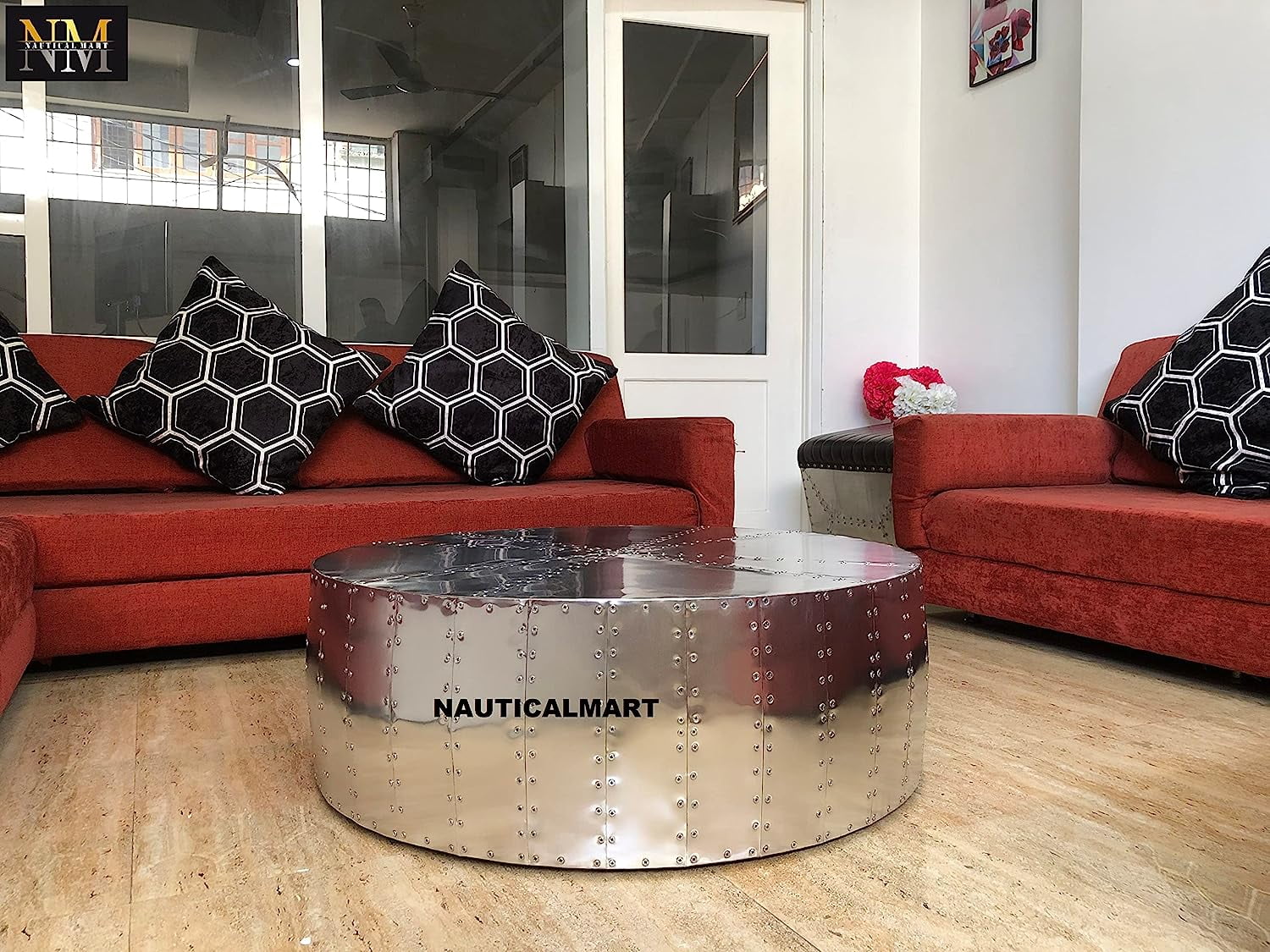 NauticalMart Aluminum Drum Shaped Coffee Table Hammered Coffee Table Aviator Living Room Furniture - Office Decor & Office Furniture (30 Inches)