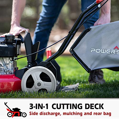 PowerSmart 21 in. Self Propelled Lawn Mower with Briggs and Stratton E550 140cc Gas Engine, 3-in-1 Mulch, Bag, Side Discharge Features, Adjustable Cutting Height, High Rear Wheels