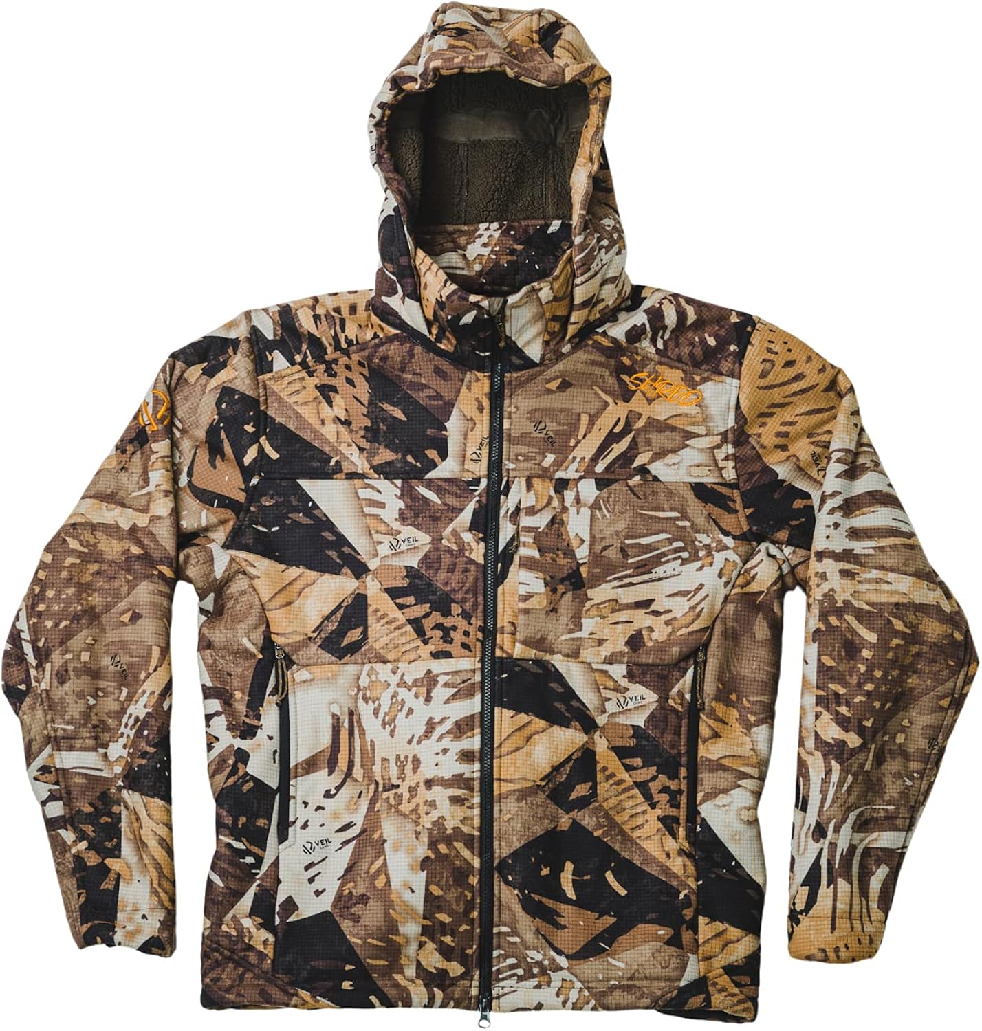 VEIL CAMO Men’s Fleece Chaos Jacket – Noise Reduction Grid Face, Windproof, 4-Way Stretch, 3 Large Pockets & Attached Hood