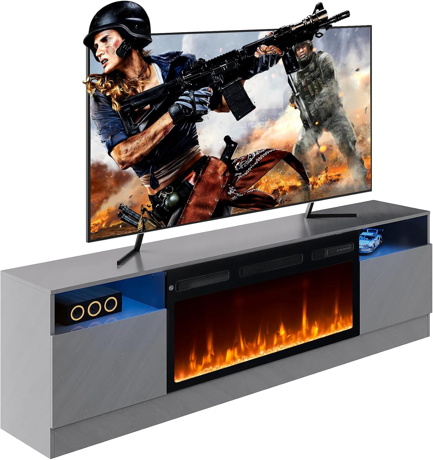 Fireplace TV Stand with 36" Electric Fireplace, LED Light Entertainment Center, Modern Wood Texture Entertainment Stand with Highlight Storage Cabinet for TVs Up to 80", 70 inches, Gray