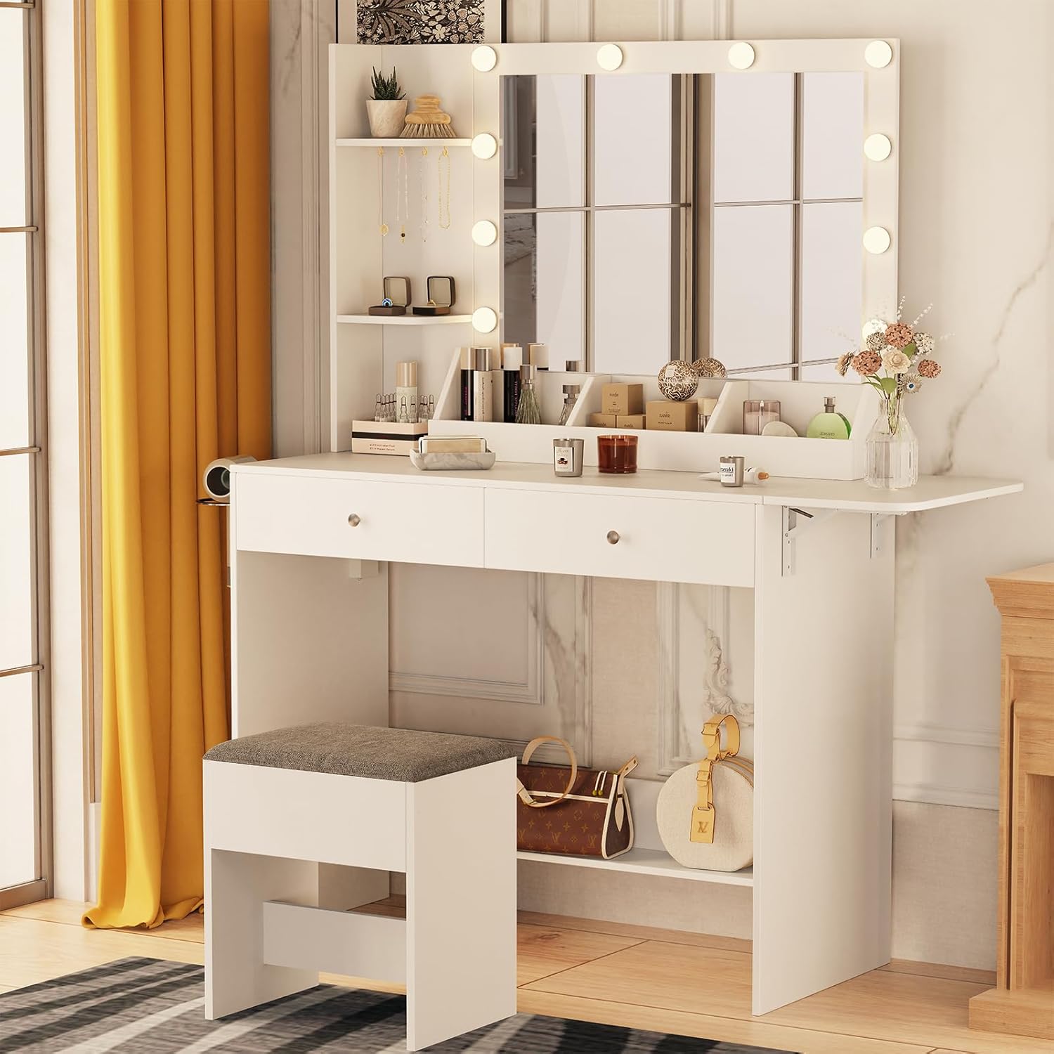 Makeup Vanity Desk with Lights and Charging Station, Small Vanity Desk Set, Makeup Table with 2 Large Drawers & Cushioned Stool, 4 Hooks, for Bedroom, White