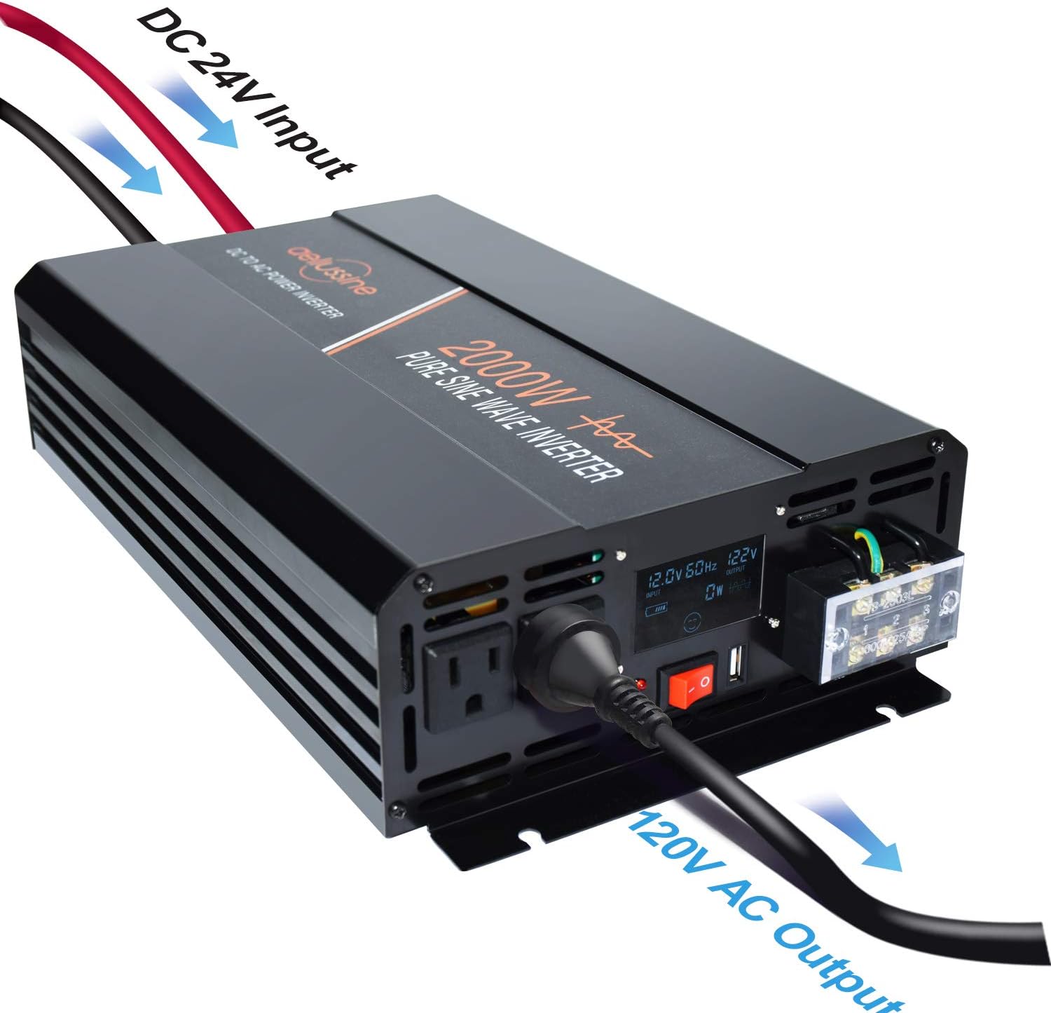 aeliussine Power Inverter 2000W Pure Sine Wave Inverter 12v DC to AC 120v Peak 4000 Watt Converter with LCD Display USB Charge Port for Car RV Boat Solar Power System.