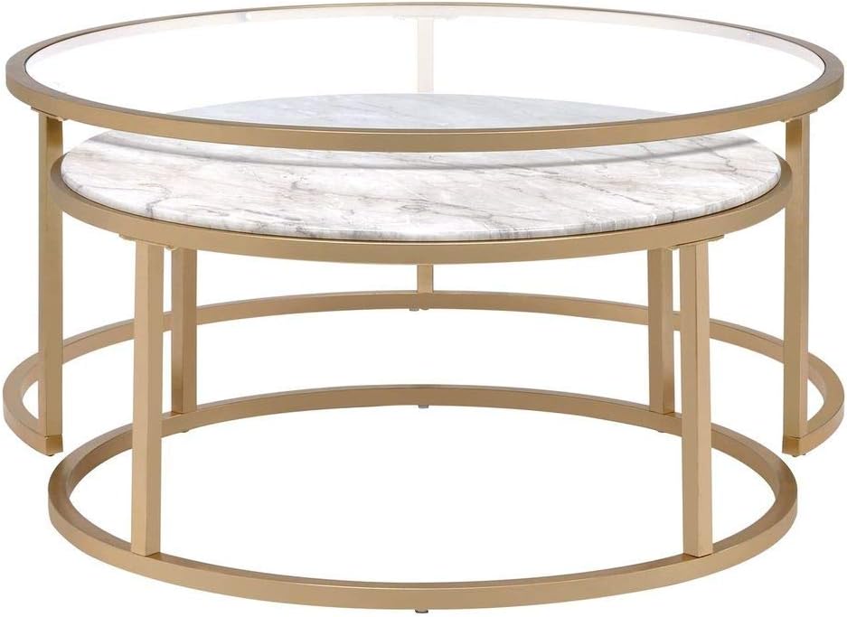 Knocbel Modern Nesting Coffee Table Set of 2 for Living Room, Faux Marble & Clear Glass Top, Metal Frame, Gold Finish (Faux Marble and Gold)
