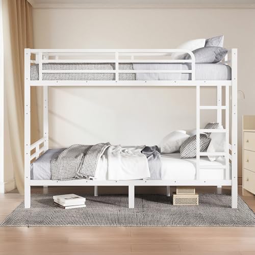 Twin XL Over Twin XL Bunk Bed, Metal Bunk Bed Frame Heavy Duty Bunk Beds Loft Bed Frame with Ladder and Guardrail Metal Slats No Box Spring Required for Adults Teens, Black