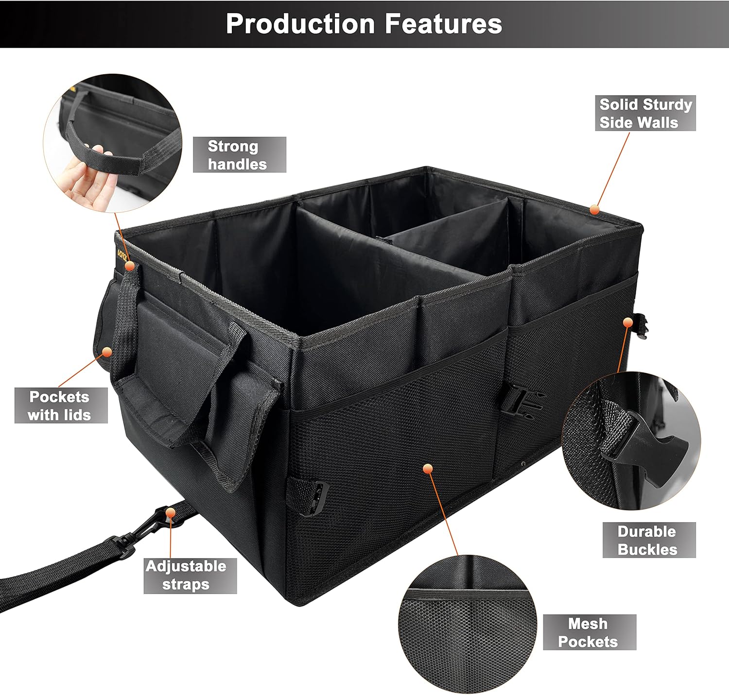 VOPQL Trunk Organizer and Storage - Collapsible Portable Trunk Organizer, Multi-Compartment Automotive Consoles & Organizers, Durable Foldable Cargo Storage Box for All auto, SUV, Truck, Minivan