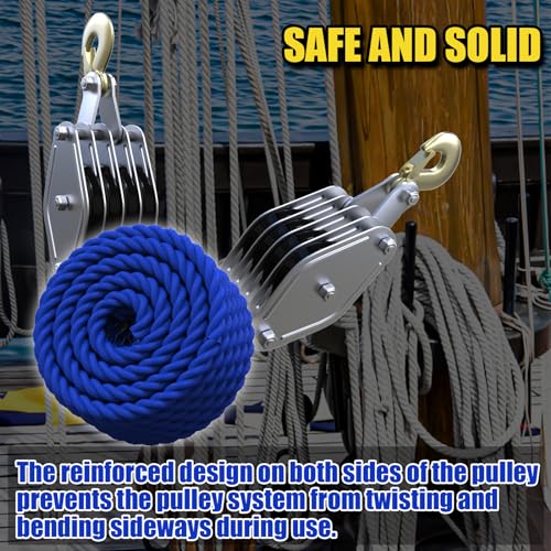 Block and Tackle 4400LBS Breaking Strength Heavy Duty Pulley, 65 Ft Rope Pulley, 7:1 Lifting Power Pulley System, Pulley Hoist with 2 Pcs 8 Ft Lift Sling(Black)