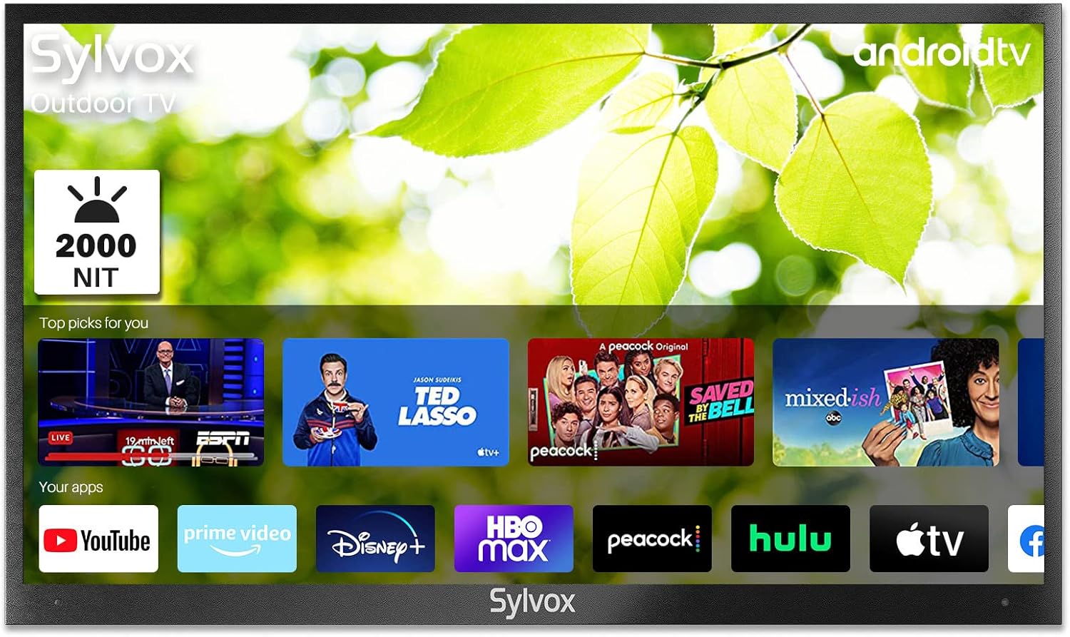 SYLVOX 75'' Outdoor Smart TV, New Android TV Weatherproof 4K LED TV, Built-in Chromecast Voice Assistant 2000nits High Bright for Outdoor Full Sun Areas(PoolPro Series)