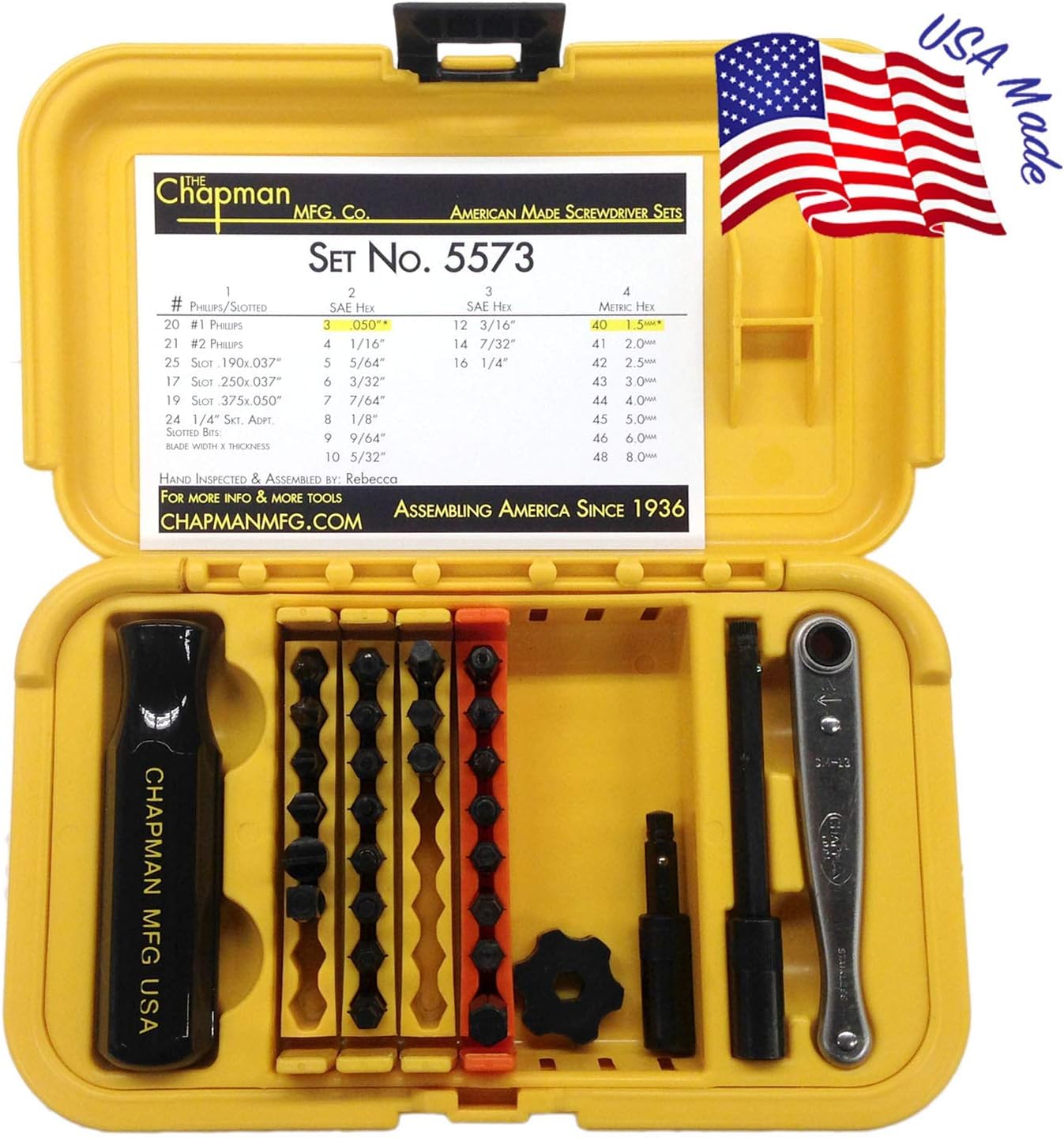 Chapman MFG 7331 All-Purpose Standard Screwdriver Set - Includes Phillips, SAE Allen Hex & Slotted/Flathead Bits, Complete Set Offers 24 USA Made Insert Bits + Mini Ratchet Hand Tool (Desert Tan Case)