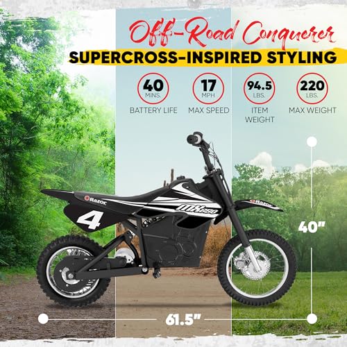 Razor MX650 Dirt Rocket Off-Road Motocross Bike–36V Electric Ride-On, Up to 17 mph, Front & Rear Suspension, Hand-Operated DualBrakes, Twist Grip Throttle, Authentic Motocross Bike Geometry