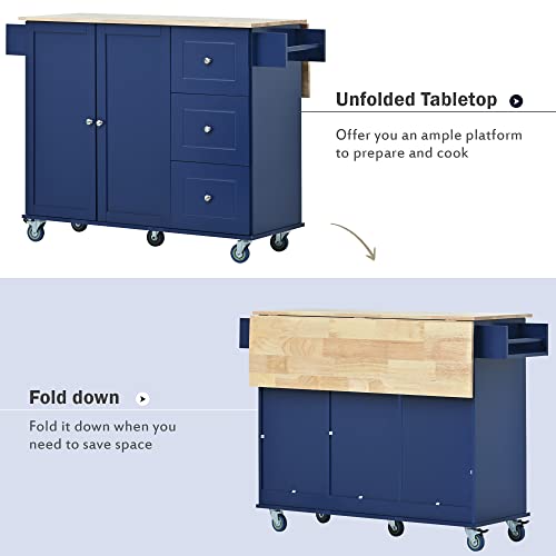 Proaxil Kitchen Island with Drop Leaf, Island Table with Wood Top Butcher Block Countertop on Wheels Microwave Stand with Storage Cabinet with Drawers Modern Rolling Cart (52.7 Inch Width)