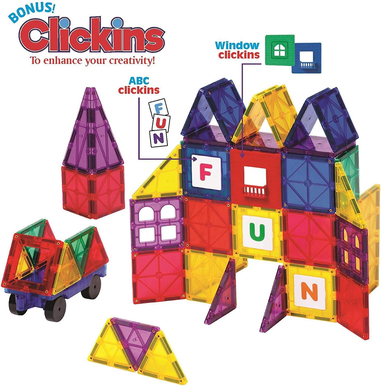 Award Winning Playmags Clear Colors Magnetic Tiles Building Set 50 + 6 Pc Set with Car - STEM Magnetic Toys Develop Motor Skills & Creativity, Colorful, Durable Magnet Building (56 Pc Set)