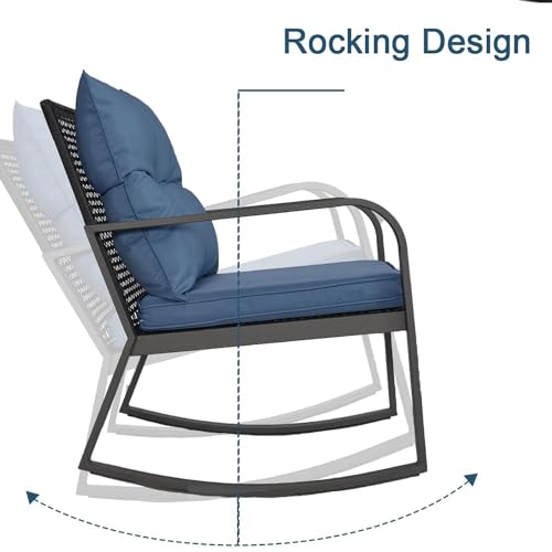 3 Piece Rocking Bistro Patio Set, Outdoor Rocking Chair, Outdoor Bistro Sets Wicker Patio Furniture Rocking Chairs Sectional Couch with Tempered Glass Top Coffee Table & Cushions, Dark Blue