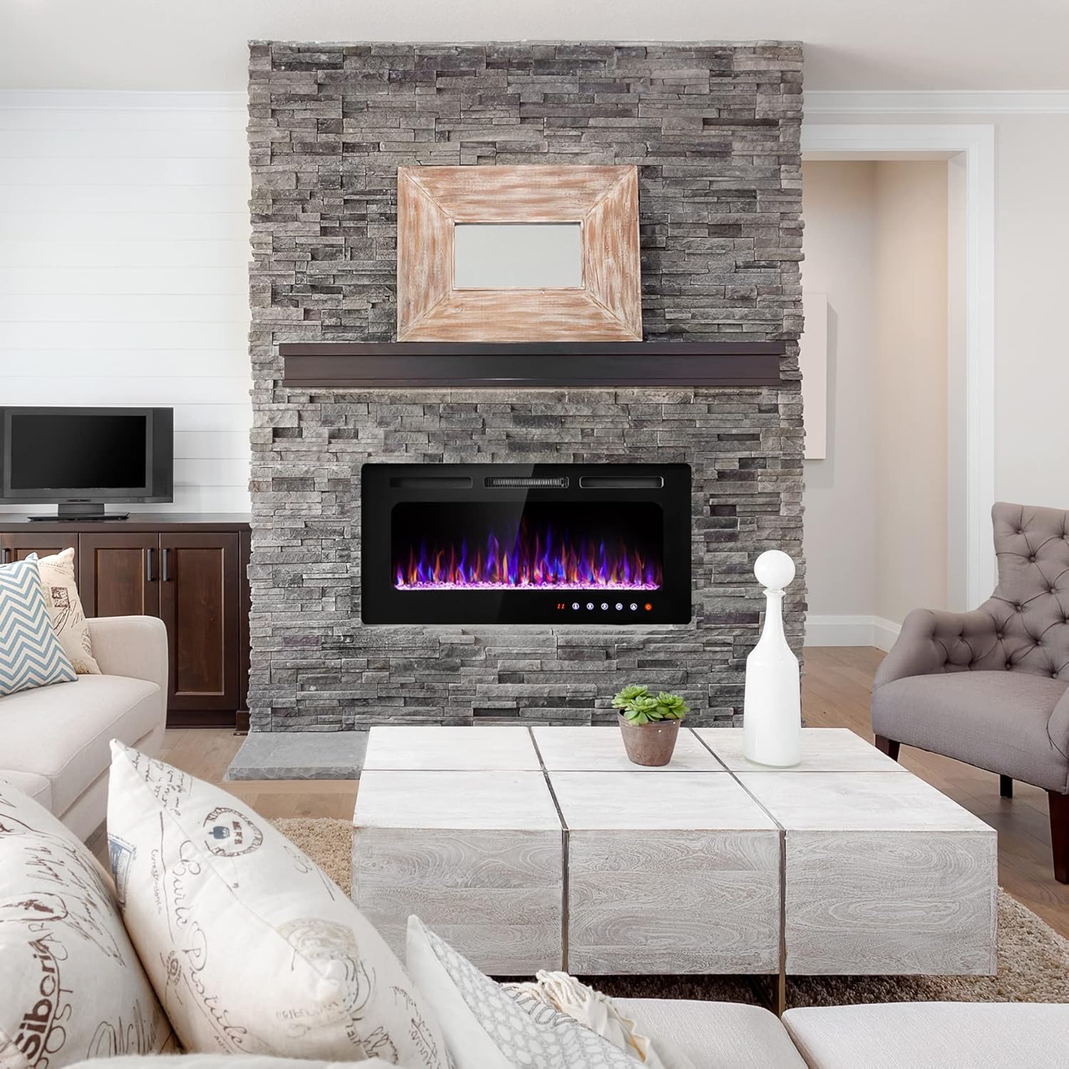 SUNNY FLAME 36 Inch Electric Fireplace Insert and Wall Mounted, Fireplace Heater, Log Set & Crystal Options, Remote Control with Timer, Adjustable Flame Color 750/1500W Heat