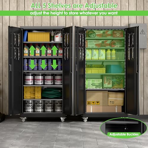 Aobabo 71" H×34" W×18" D Garage Metal Storage Cabinet with Wheels, Locking Steel Storage Cabinet with 5 Shelves and 4 Hooks, for Home Office, School, Assembly Required, Black Silver