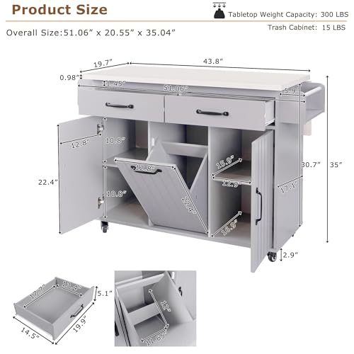60" Kitchen Island with Drop Leaf and Power Outlet, Rolling Kitchen Cart on Wheels with Trash Can Storage Cabinet, Spice Rack, Towel Rack and Adjustable Shelf for Dining Room
