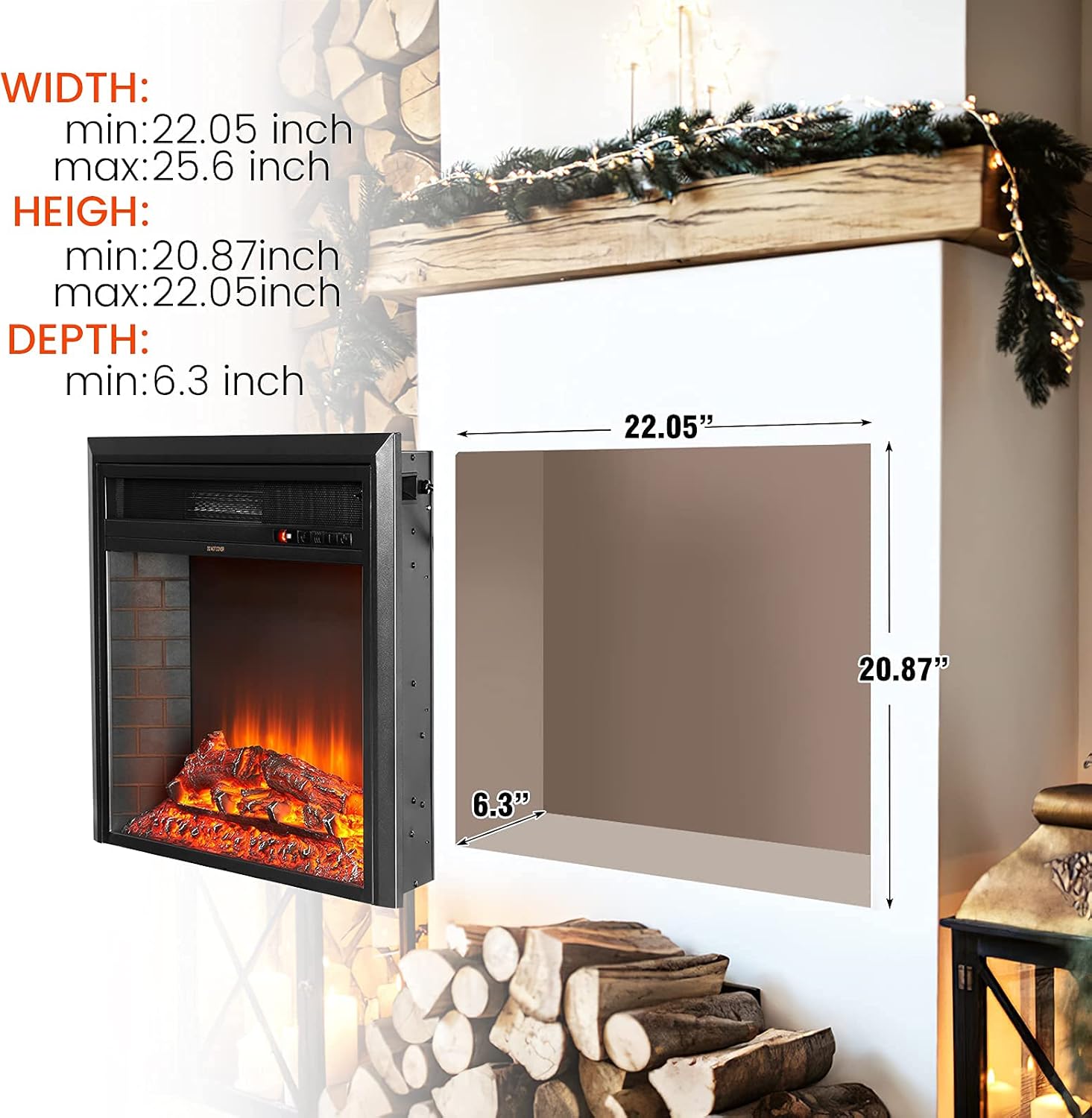 oneinmil Electric Fireplace, 25 inches Insert Electric Fireplace, Home Office Heater with Remote Control and Thermal Protection, 750/1500W, Black
