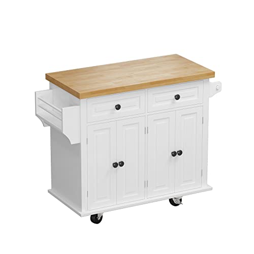Kitchen Island Cart on Wheels with Wood Top and Drop Leaf Breakfast Bar, Rolling Kitchen Trolley with 2-Door Storage Cabinet, 3 Drawers, Towel and Spice Rack 43.31"x16.93"x36.02", White