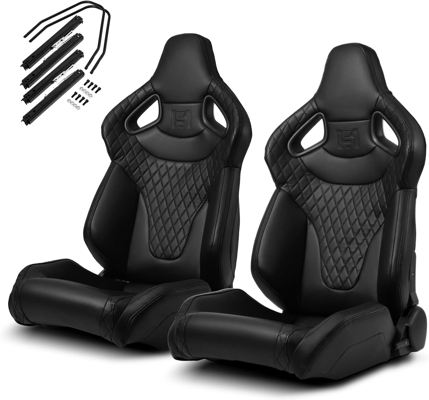 ModifyStreet 1 Pair Universal Black w/Red Stitching w/Carbon Fiber Leather PVC Reclinable C-Series Racing Seats W/Slider Left/Right