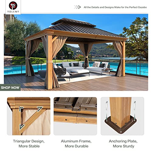 YOLENY 10' x 12' Hardtop Gazebo, Wood-Looking Gazebo with Galvanized Steel Double Roof, Aluminum Frame, Permanent Metal Pavilion with Netting and Curtains for Deck, Backyard, Patio and Lawns