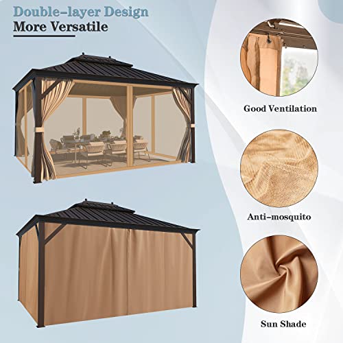 MELLCOM 12'x16' Hardtop Gazebo, Galvanized Steel Metal Double Roof Canopy with Curtains and Netting, Brown Permanent Pavilion Gazebos with Aluminum Frame for Garden, Patio, Lawns, Deck