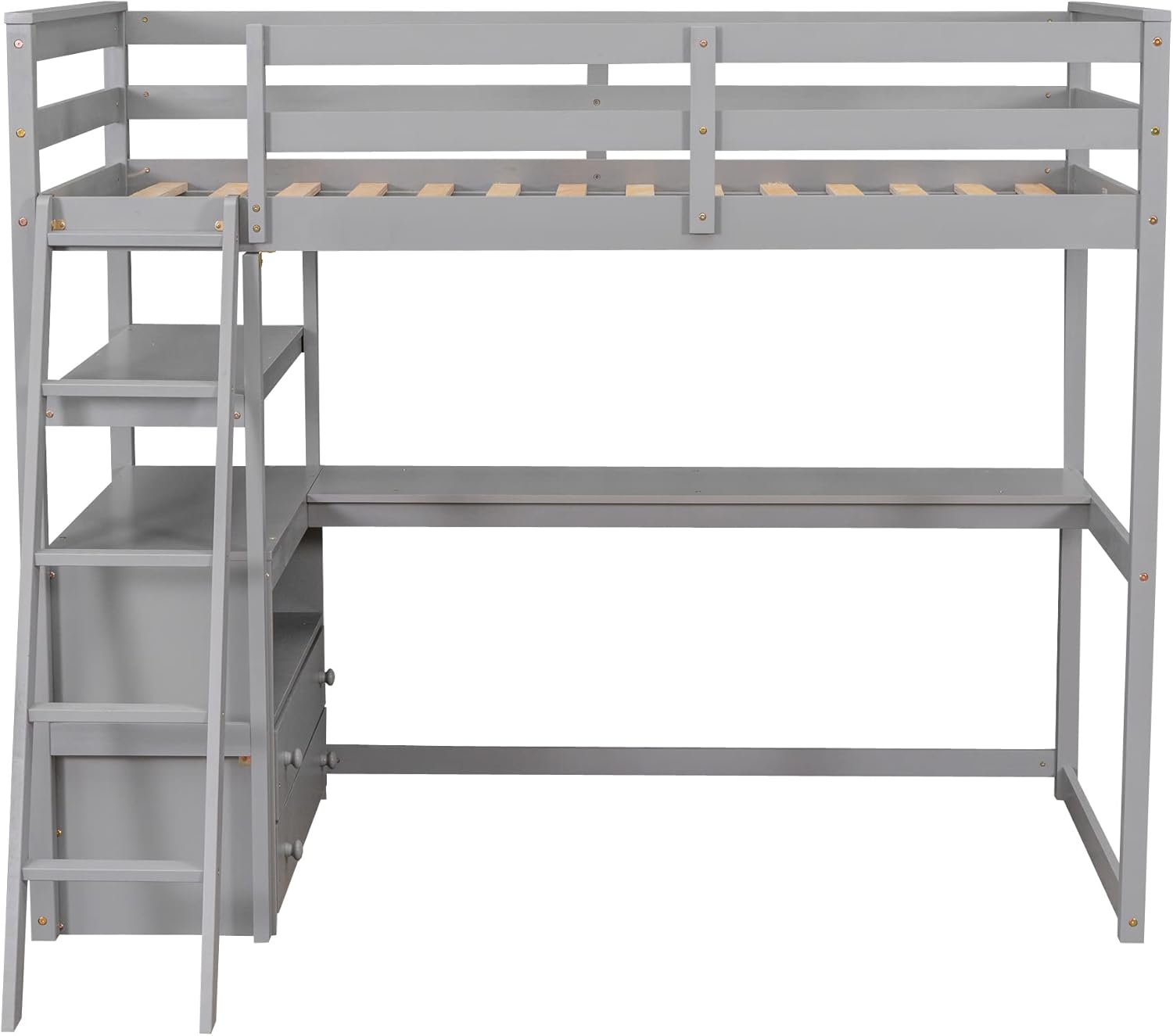 Merax Twin Size Loft Bed with Desk, Shelves and Two Built-in Drawers, Solid Wood Bed Frame for Teens, Grey