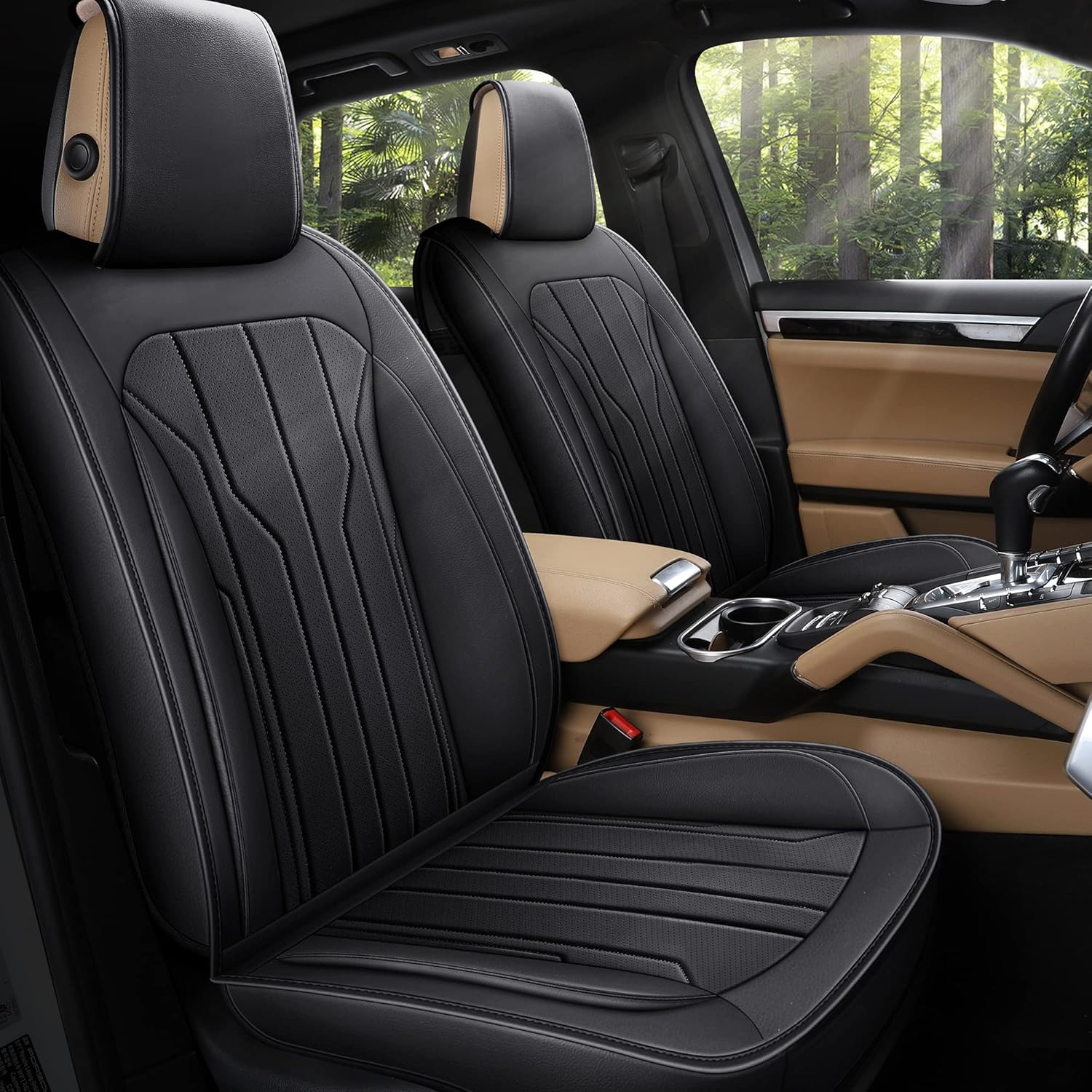 AOOG Leather Car Seat Covers, Leatherette Automotive Seat Covers for Cars SUV Pick-up Truck, Non-Slip Vehicle Car Seat Covers Universal Fit Set for Auto Interior Accessories, Front Pair, Black