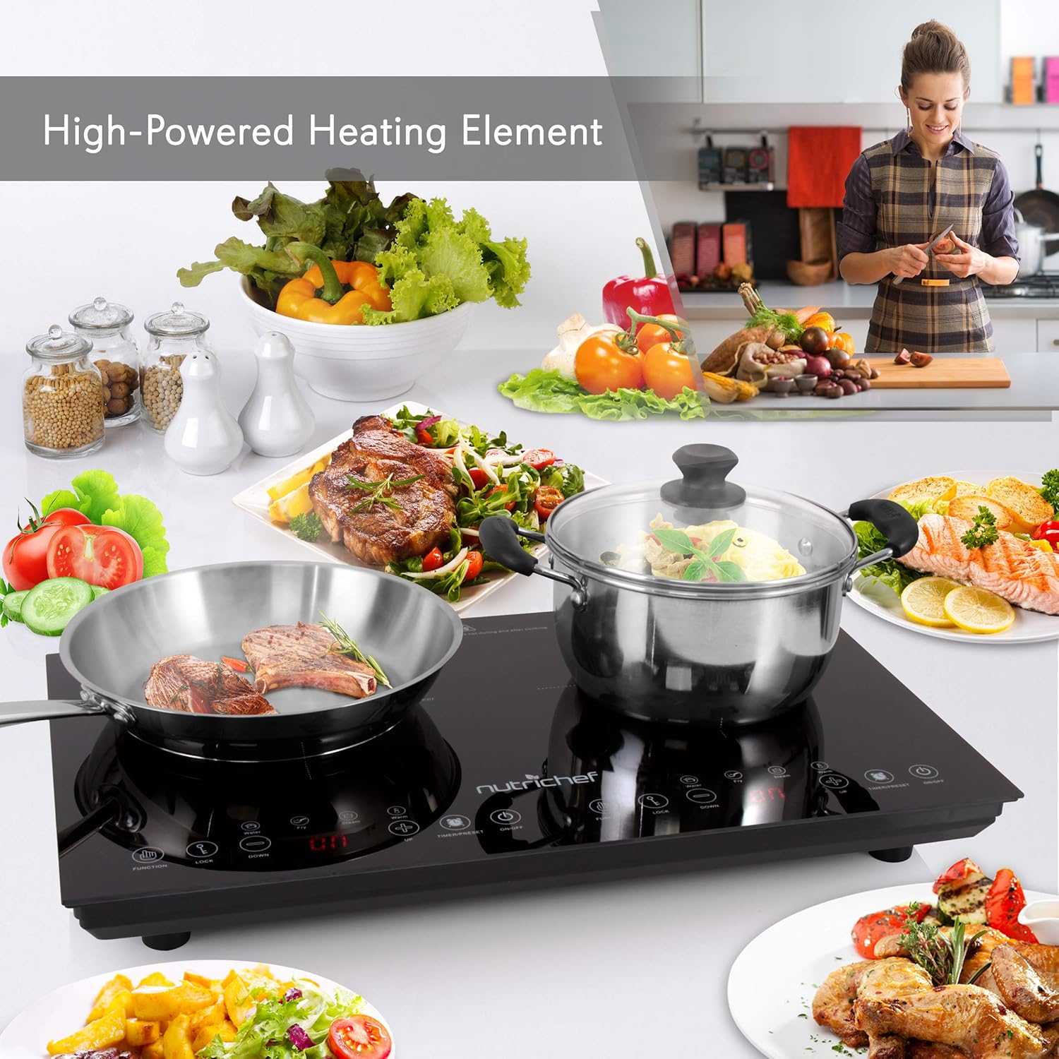 NutriChef Dual 120V Electric Induction Cooker - 1800w Portable Digital Ceramic Countertop Double Burner Cooktop w/ Kids Safety Lock - Works w/ Stainless Steel Pan / Magnetic Cookware