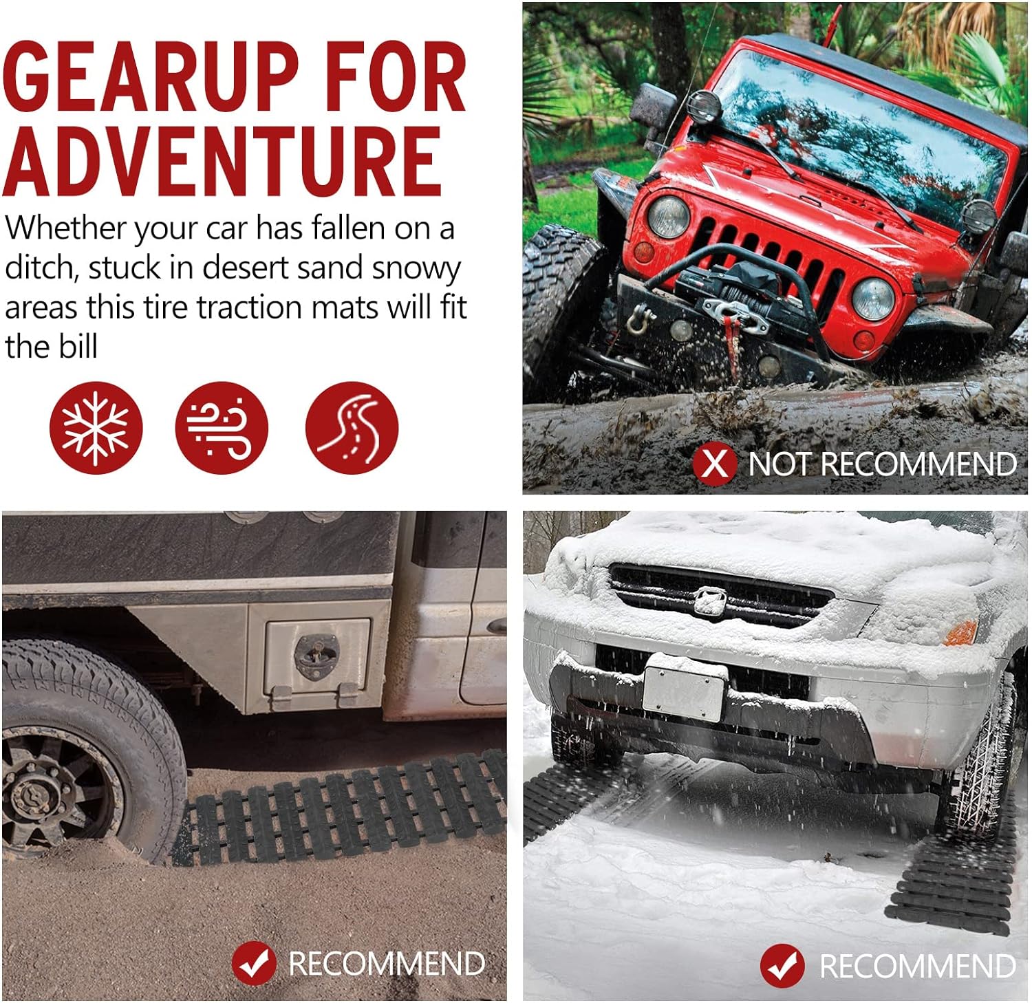 BUNKER INDUST Tire Traction Mats Portable Recovery Tracks for Off Road 4X4 Snow, Sand,Emergency Devices for Cars, Trucks, Van(2 Pack)