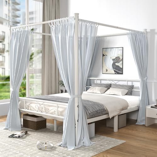 Queen Size Metal Canopy Bed Frame, Four-Poster Canopied Platform Bed Frame with Headboard and Footboard, Sturdy Metal Slatted Structure, No Box Spring Needed, Easy Assembly, White