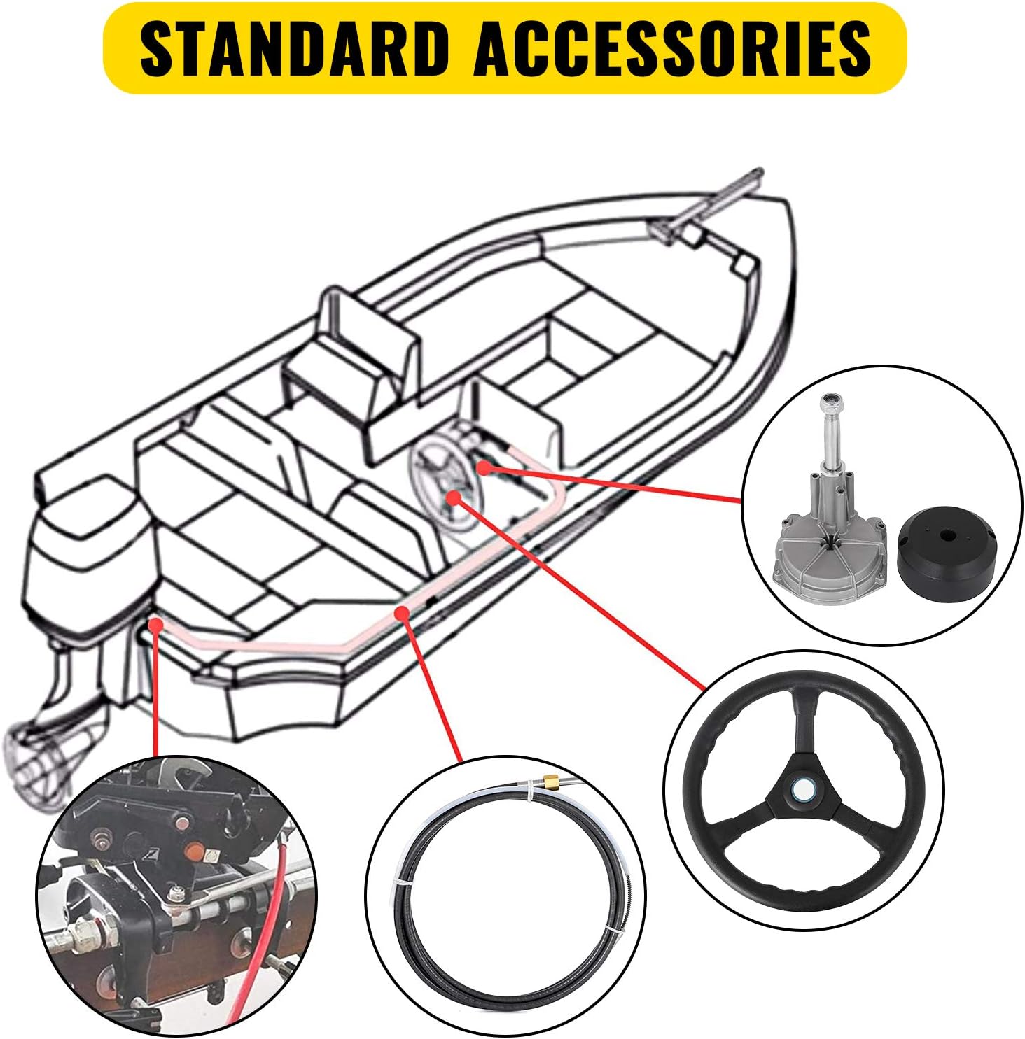 Bestauto Boat Steering Cable 12' Outboard Steering Cable 12 Feet Mechanical Rotary Steering Kit with 13 Inch Wheel for Boat Steering System