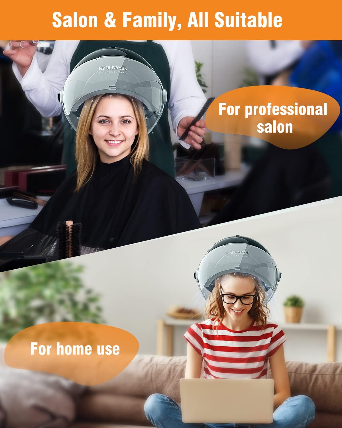 Ionic Hooded Hair Dryer, 1875W Professional Height Adjustable Standing Hair Dryer Bonnet with 3 Temperature Settings, Portable Salon Dryer with Rolling Wheels for Home & Hairstylist