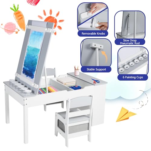 Kinder King Kids Art Table & Easel Chair Set, 3 in 1 Wood Children Activity Table, 6 Storage Bins, Paper Roll, Paint Cups, Toddler Craft and Play Table for Art, Drawing, Reading, Playroom, Natural