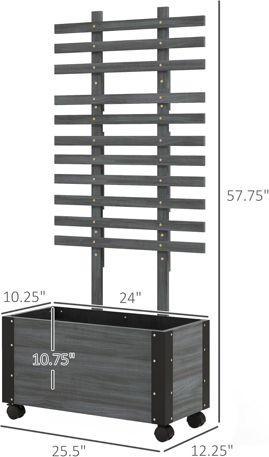 Raised Garden Bed with Trellis, 58" Outdoor Wooden Planter Box with Wheels, for Vine Plants Flowers Climbing and Planting, Gray
