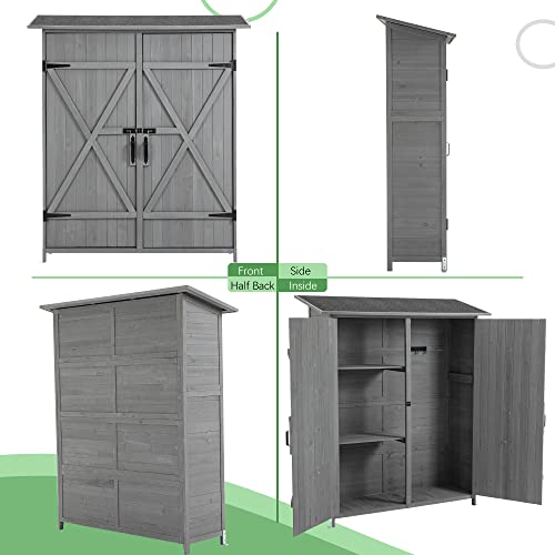 Outdoor Storage Cabinet, Outside Wood Shed with Waterproof Roof & Detachable Shelves & Double Locks, Vertical Tool Storage Box for Patio, Garden, Backyard, Brown