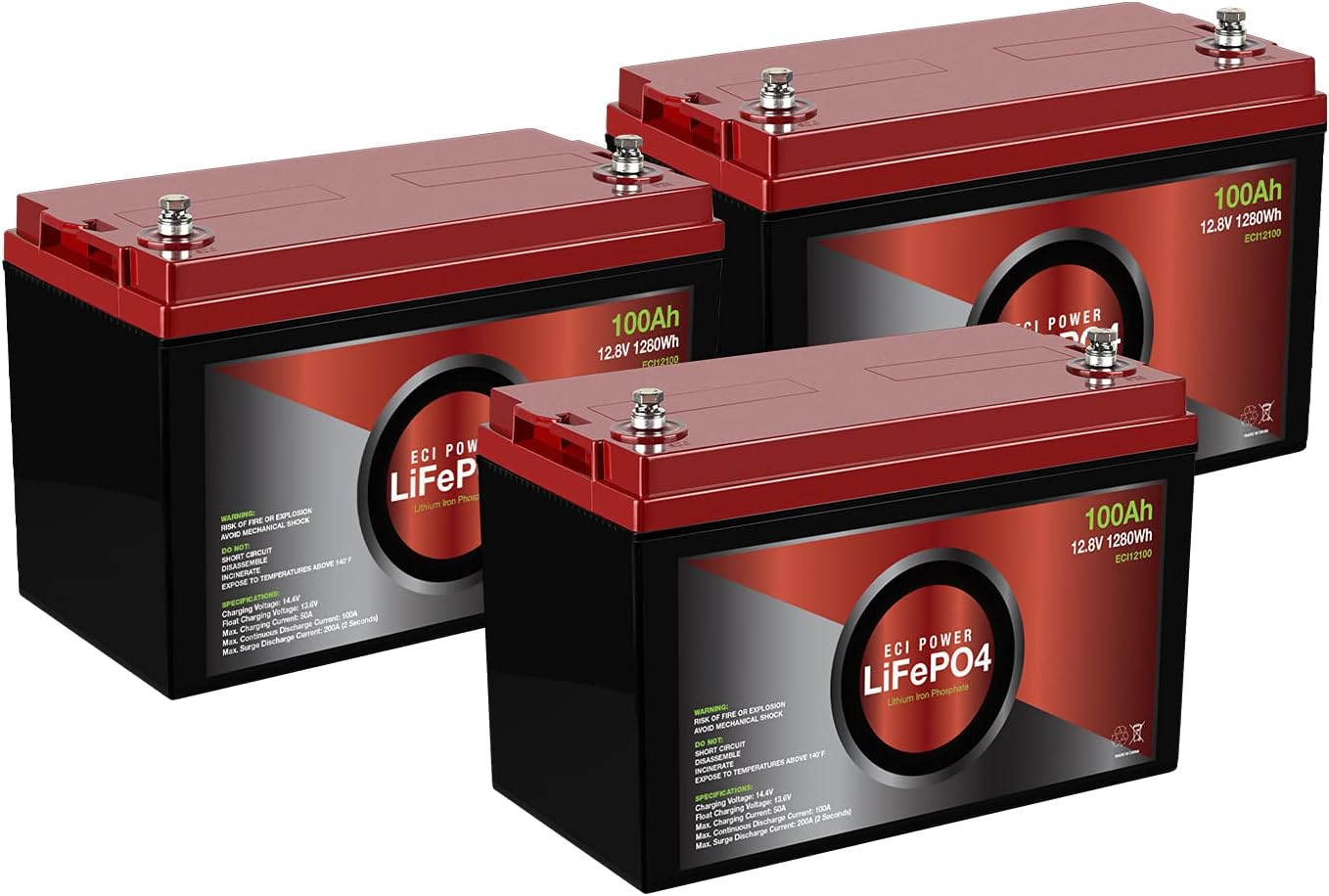 2 Pack ECI Power 12V 100Ah Lithium LiFePO4 Deep Cycle Rechargeable Battery | 2000-5000 Life Cycles & 10-Year lifetime | Built-in BMS | Perfect for RV, Solar, Marine, Overland, Off-Grid Applications