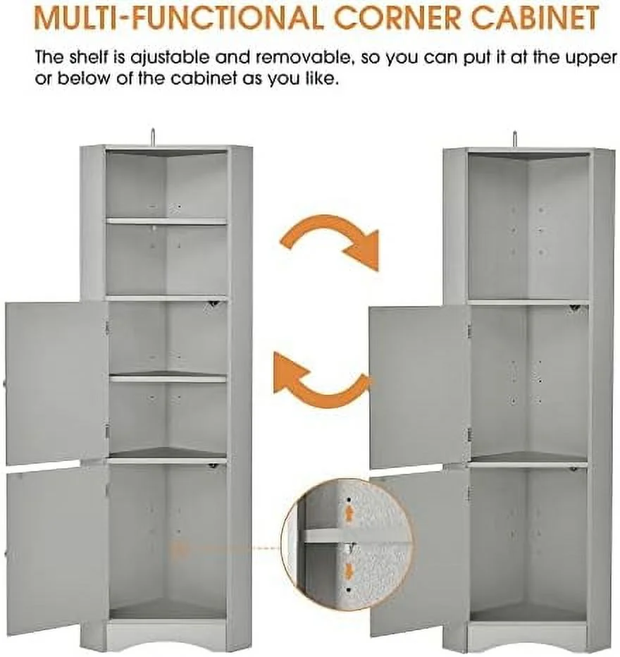 TJUNBOLIFE Corner Cabinet with Doors  Corner Bathroom  Cabinet with 2 Adjustable Shelves  Freestanding Bathroom Floor Corner Cabinet for Kitchen  Bathroom  Living Room (Gray)