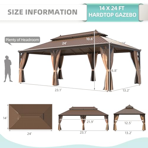 MELLCOM 12'x16' Hardtop Gazebo, Galvanized Steel Metal Double Roof Canopy with Curtains and Netting, Brown Permanent Pavilion Gazebos with Aluminum Frame for Garden, Patio, Lawns, Deck
